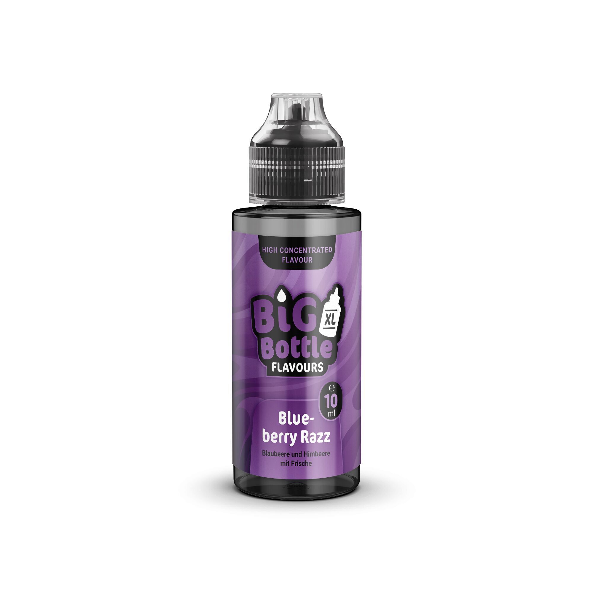 Big Bottle Flavours Aroma Blueberry Razz in lila Flasche mit Aufschrift "Blueberry Razz", konzentriertes Aroma aus Blaubeere und Himbeere.