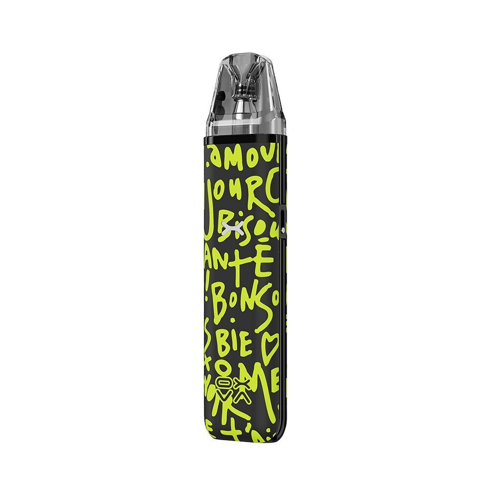 Oxva Xlim Go Pod Kit - Graffiti Black Oxva Xlim Go Pod Kit - Graffiti Black mit leuchtend gelbem Schriftzug und Symbolen auf schwarzem Hintergrund.