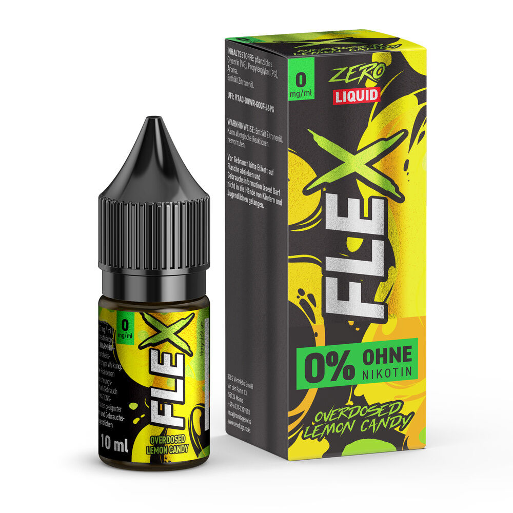 Revoltage Flex Nikotinsalz - Lemon Candy Flasche und Karton des Revoltage Flex Nikotinsalz - Overdosed Lemon Candy, 0 mg/ml Nikotin, mit gelbem und schwarzem Design.