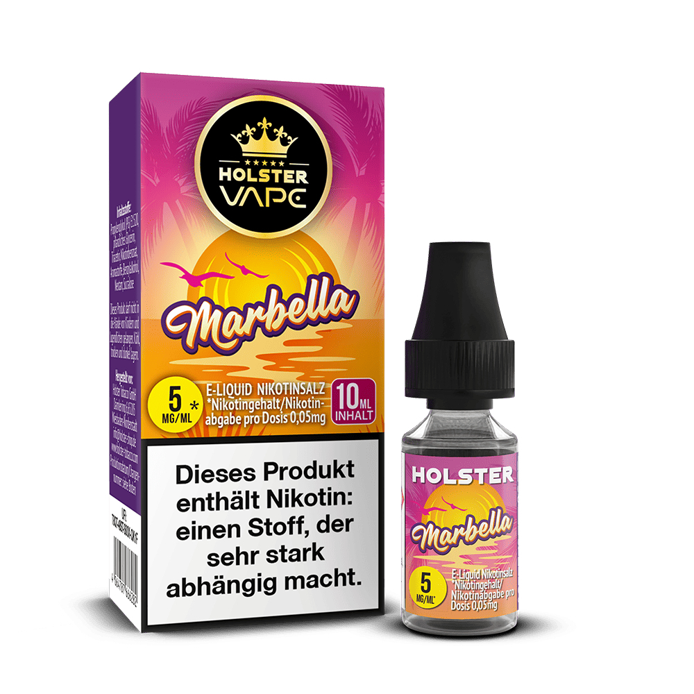 Holster Nikotinsalz Marbella 5mg, gelbes und rosa Design mit Sonne und Vögeln, enthält Nikotin, 10ml Inhalt, Warnhinweis auf Abhängigkeit.