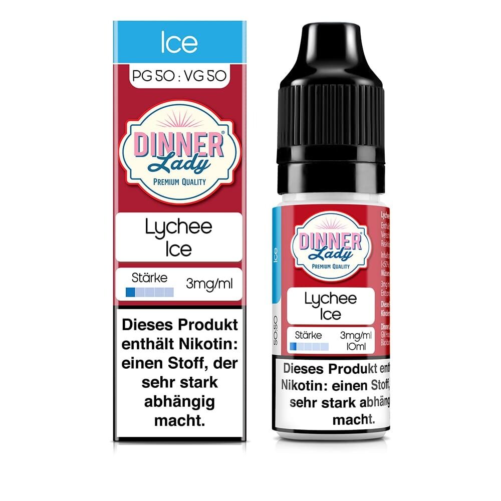 Liquid Lychee Ice von Dinner Lady Dinner Lady Liquid - Lychee Ice, Flasche und Verpackung mit 3mg/ml Nikotin, Warnhinweis zu suchterzeugendem Stoff.