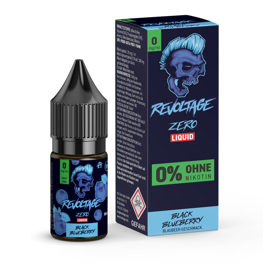 Revoltage Hybrid Liquid - Black Blueberry E-Flüssigkeit "Revoltage Hybrid Liquid - Black Blueberry" 0 mg/ml, Blaubeer-Geschmack, abgebildet neben Verpackung mit Totenkopf-Design.