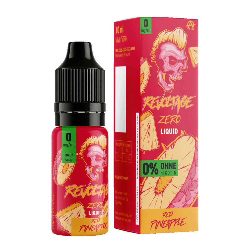 Revoltage Hybrid Liquid - Red Pineapple Flasche und Verpackung von Revoltage Liquid Red Pineapple mit Totenkopf-Design, 0 mg Nikotin, rote Ananas-Grafik, 10 ml, 50VG/50PG.