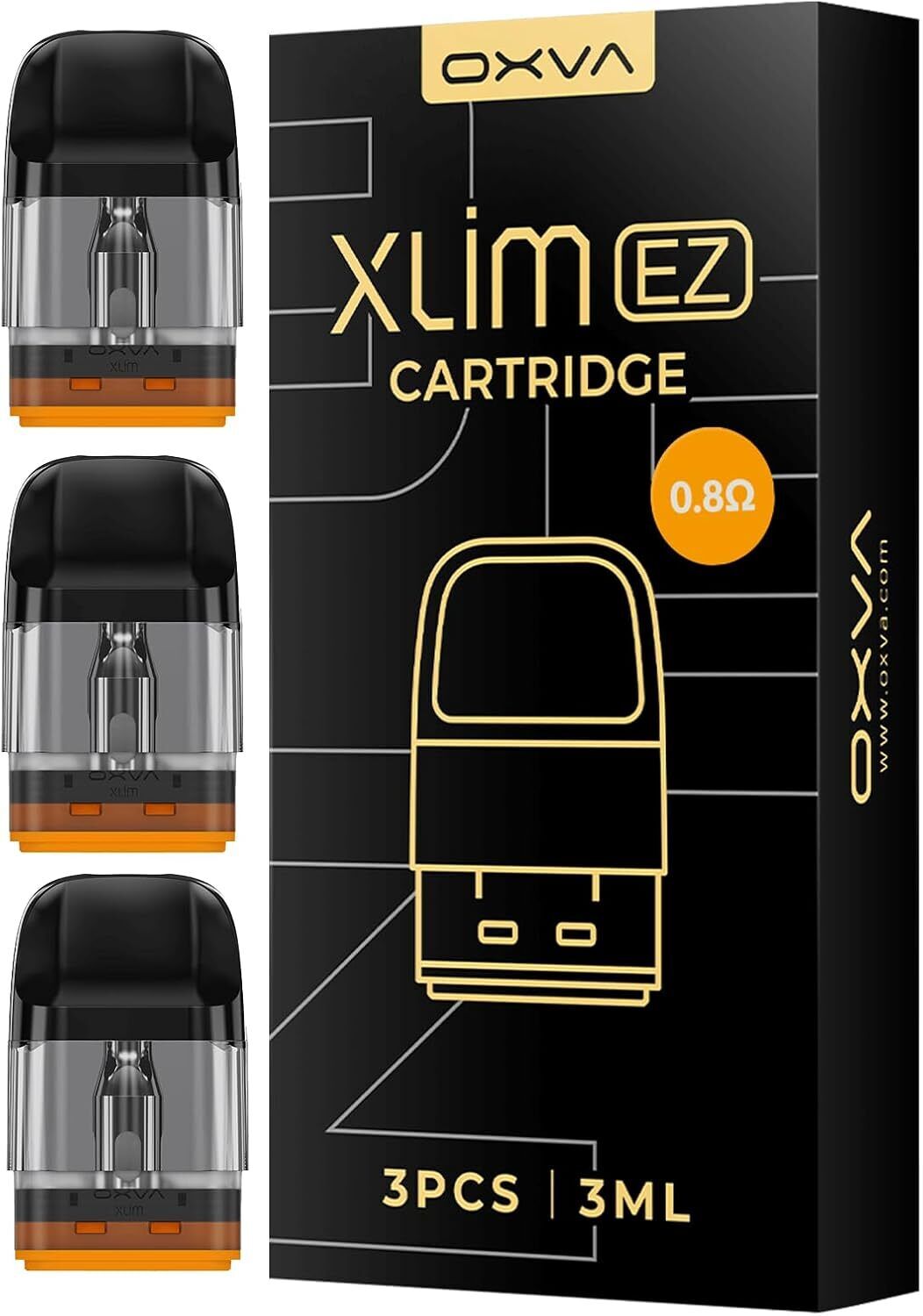 Oxva Xlim EZ Pods mit Coil für Oxva Xlim Reihe Oxva Xlim EZ Pods mit Coil Packung, 0,8 Ohm, drei transparent-schwarze Kartuschen, schwarzes und orangefarbenes Branding, 3 Stück, 3ml.