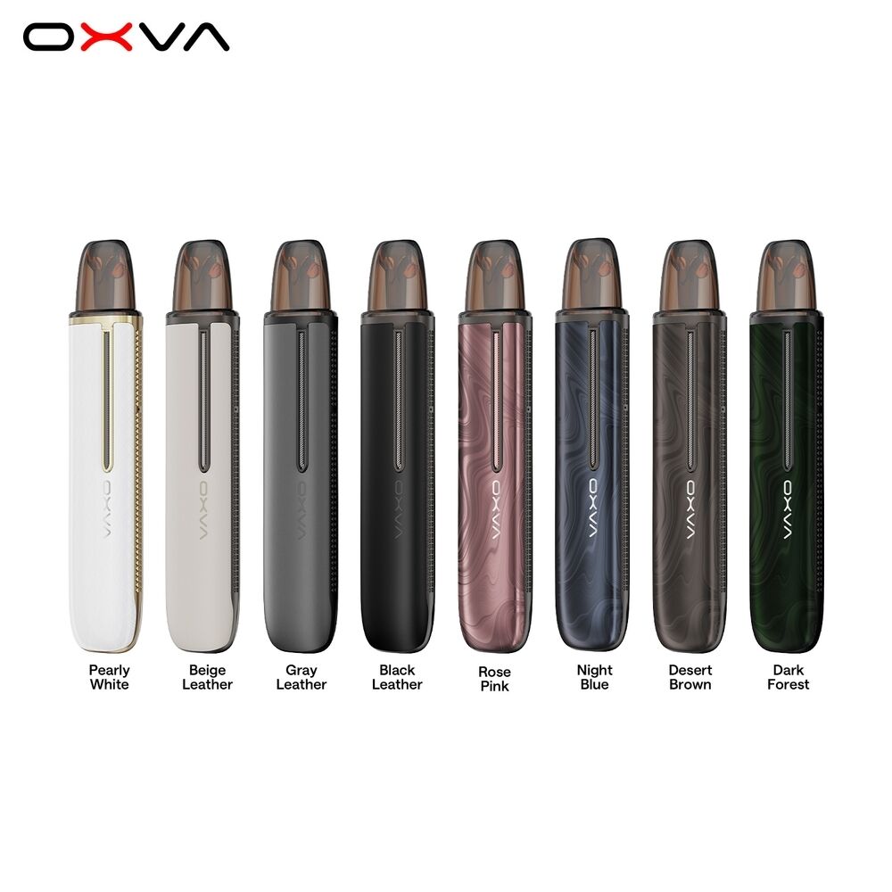 Oxva Artio 2 Akku Acht verschiedene Oxva Artio 2 Akkus in den Farben Pearly White, Beige Leather, Gray Leather, Black Leather, Rose Pink, Night Blue, Desert Brown und Dark Forest.
