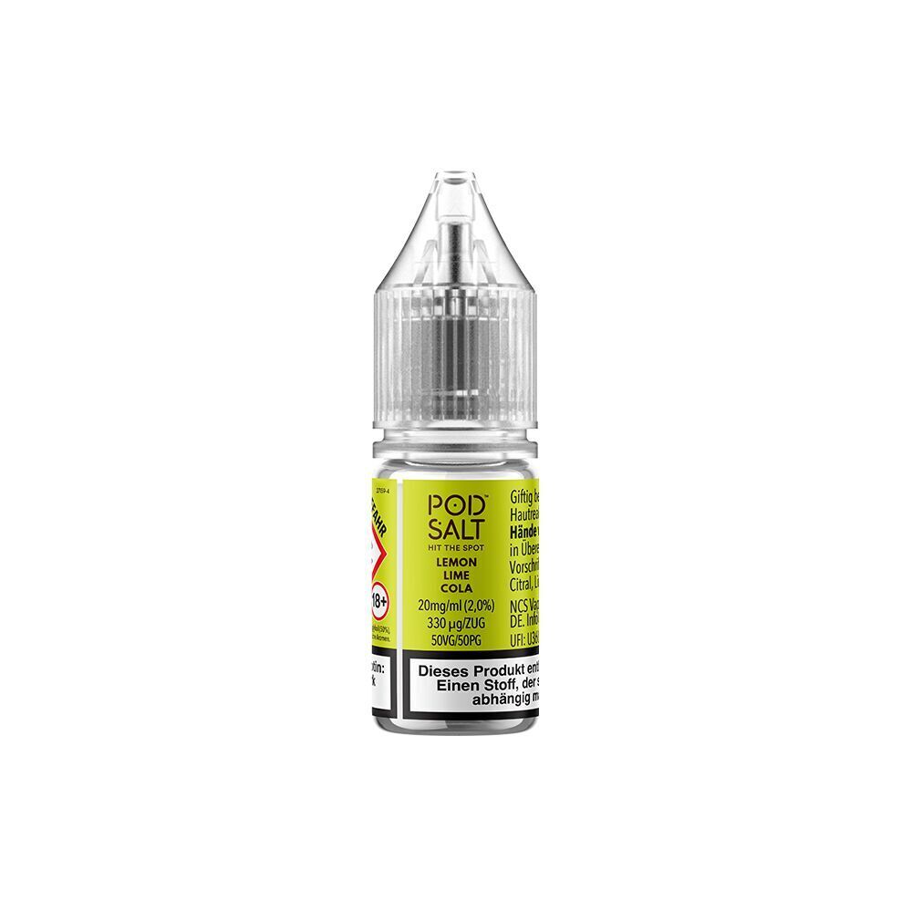Liquid Lemon Lime Cola mit 20mg Nikotin von Pod Salt Xtra Pod Salt Xtra Nikotinsalz-Flasche mit der Geschmacksrichtung Lemon Lime Cola, gelbes Etikett, 20 mg Stärke, Sicherheitswarnungen sichtbar