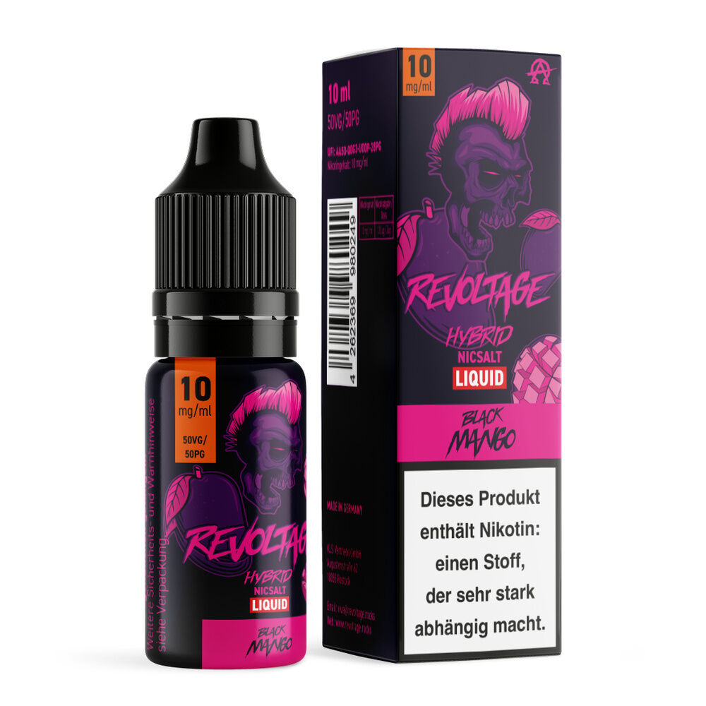 Revoltage Hybrid Liquid Flasche und Schachtel, Black Mango, 10 mg/ml, mit Totenkopf-Design in Pink und Hinweis auf Nikotingehalt