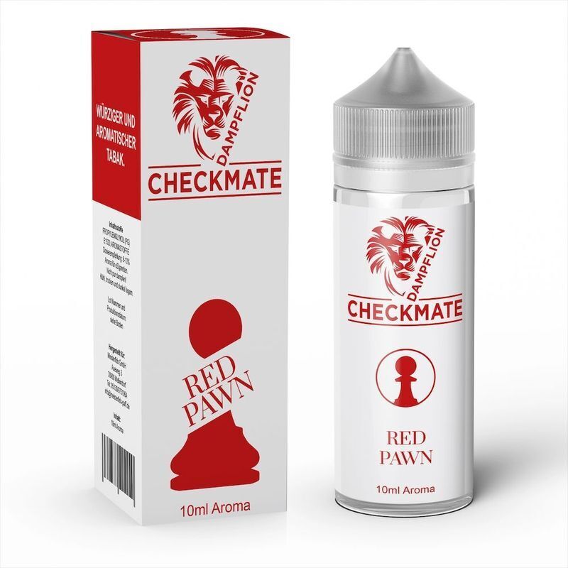 Aroma Red Pawn von Dampflion Checkmate Dampflion Checkmate Red Pawn Aroma mit 10 ml Flasche und Verpackung, rotes Bauernsymbol und Text auf weißem Hintergrund