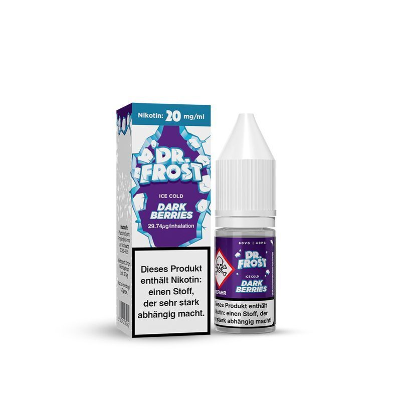 Liquid Ice Cold Dark Berries mit 20mg Nikotin von Dr. Frost Dr. Frost Ice Cold Dark Berries Nikotinsalzflasche und Schachtel mit Warnhinweis; 20mg/ml; blau-violette Farbgestaltung