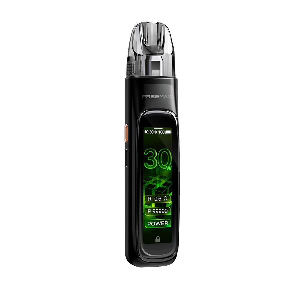 Freemax Rexa Pro Pod Kit - Black Freemax Rexa Pro Pod Kit mit digitalem Display zeigt 30 W, Ladezustand und Betriebsmodi, schwarz mit transparentem Mundstück.