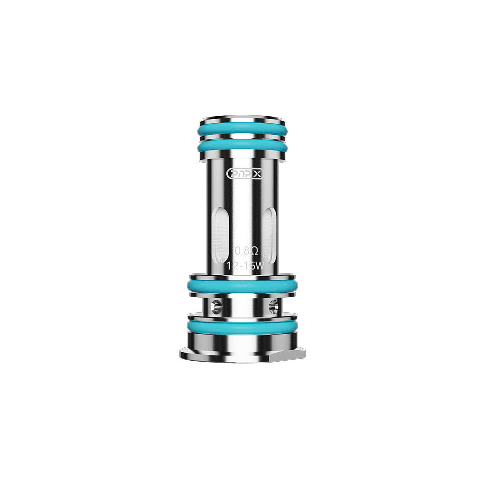 Voopoo PnP X Coil 0,8 Ohm mit silbernem Gehäuse, blauen Dichtungen und eingraviertem Text 12-15W.