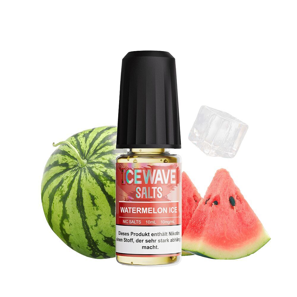 Icewave Nikotinsalz - Watermelon Ice 10mg Icewave Nikotinsalz Watermelon Ice 10mg Flasche neben einer Wassermelone, Melonenscheiben und einem Eiswürfel auf weißem Hintergrund.