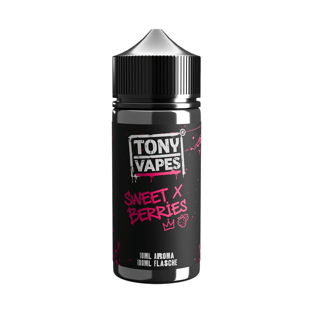 Flasche des Tony Vapes Aroma Sweet Berries mit schwarzem Etikett, rosa Schriftzug und Kronen- und Beerenmotiv, 10 ml Inhalt.