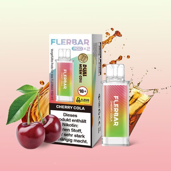 Cherry Cola 20mg - Flerbar Pods Verpackung und Flasche der Flerbar Pods Cherry Cola 20mg vor spritzendem Getränk und Kirschen, Nikotinhinweis sichtbar