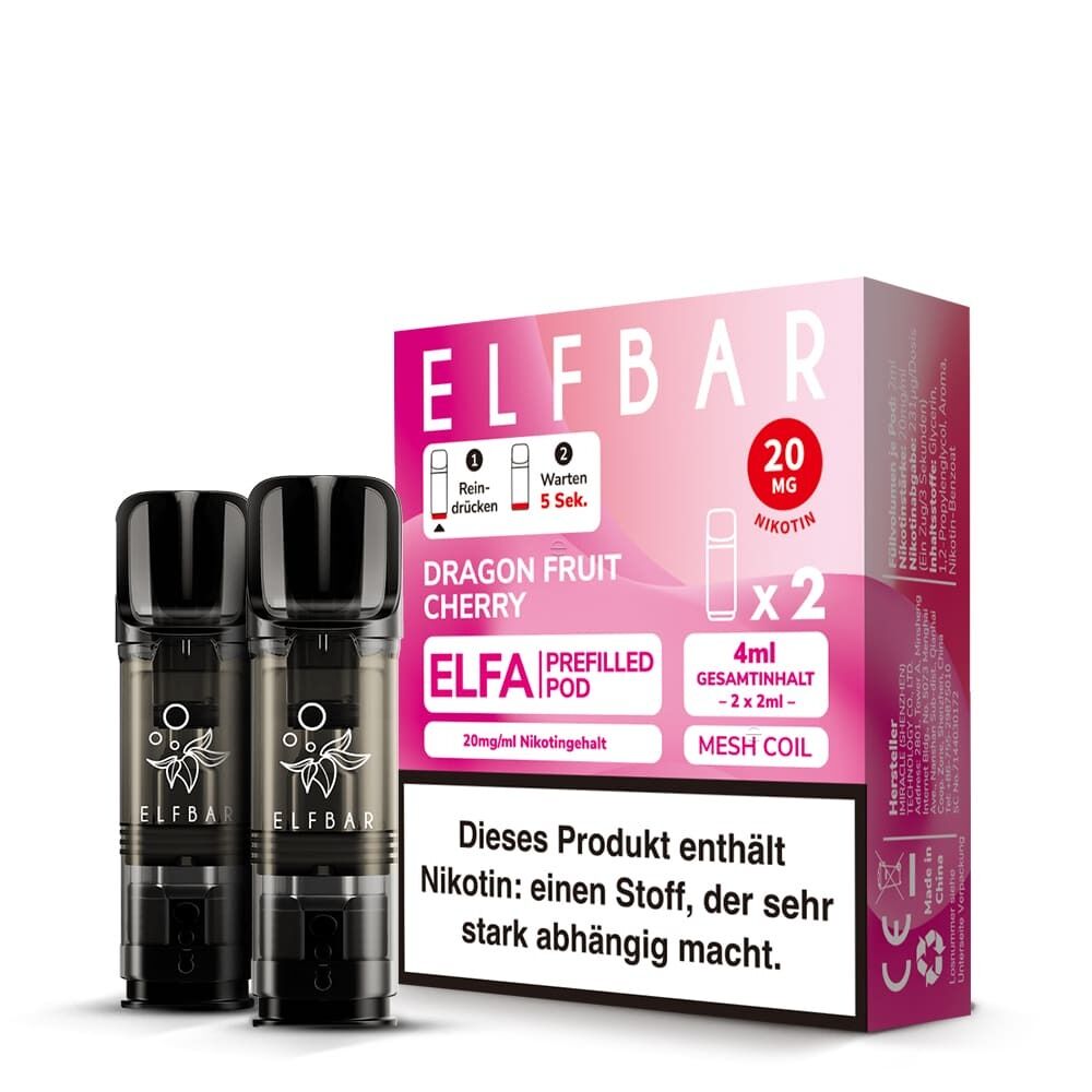 ELB558 Elfbar ELFA Pods Dragon Fruit Cherry 20mg Packung neben zwei schwarzen Pods, 4ml Gesamtkapazität, enthält Nikotin.
