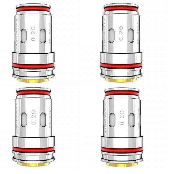 Uwell Crown 5 Coils 0,2 Meshed (4 Stk.) Vier Uwell Crown 5 Coils 0,2 Meshed mit roten Dichtungen und goldenen Elementen gegen weißen Hintergrund.