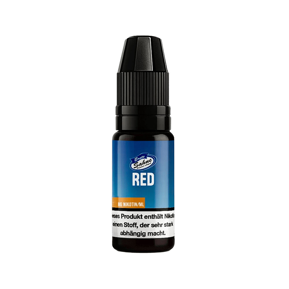 Erste Sahne Liquid - Red Flasche des Erste Sahne Liquids Red mit blauem Etikett und Warnhinweis zur Nikotinentwicklung.
