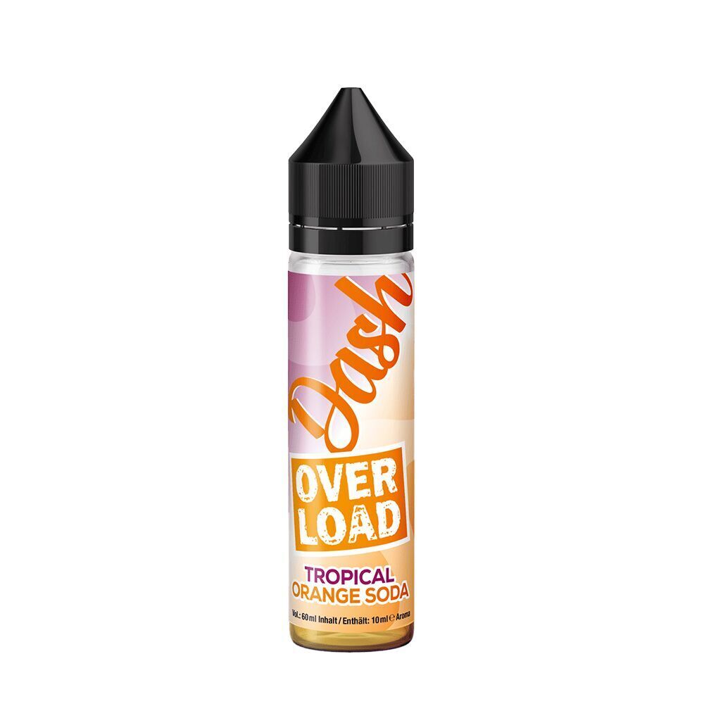Aroma Tropical Orange Soda von Dash Overload Dash Aroma Flasche mit schwarzer Kappe, Aufschrift "Overload Tropical Orange Soda", orange-pinkes Design, Füllmenge 60ml.