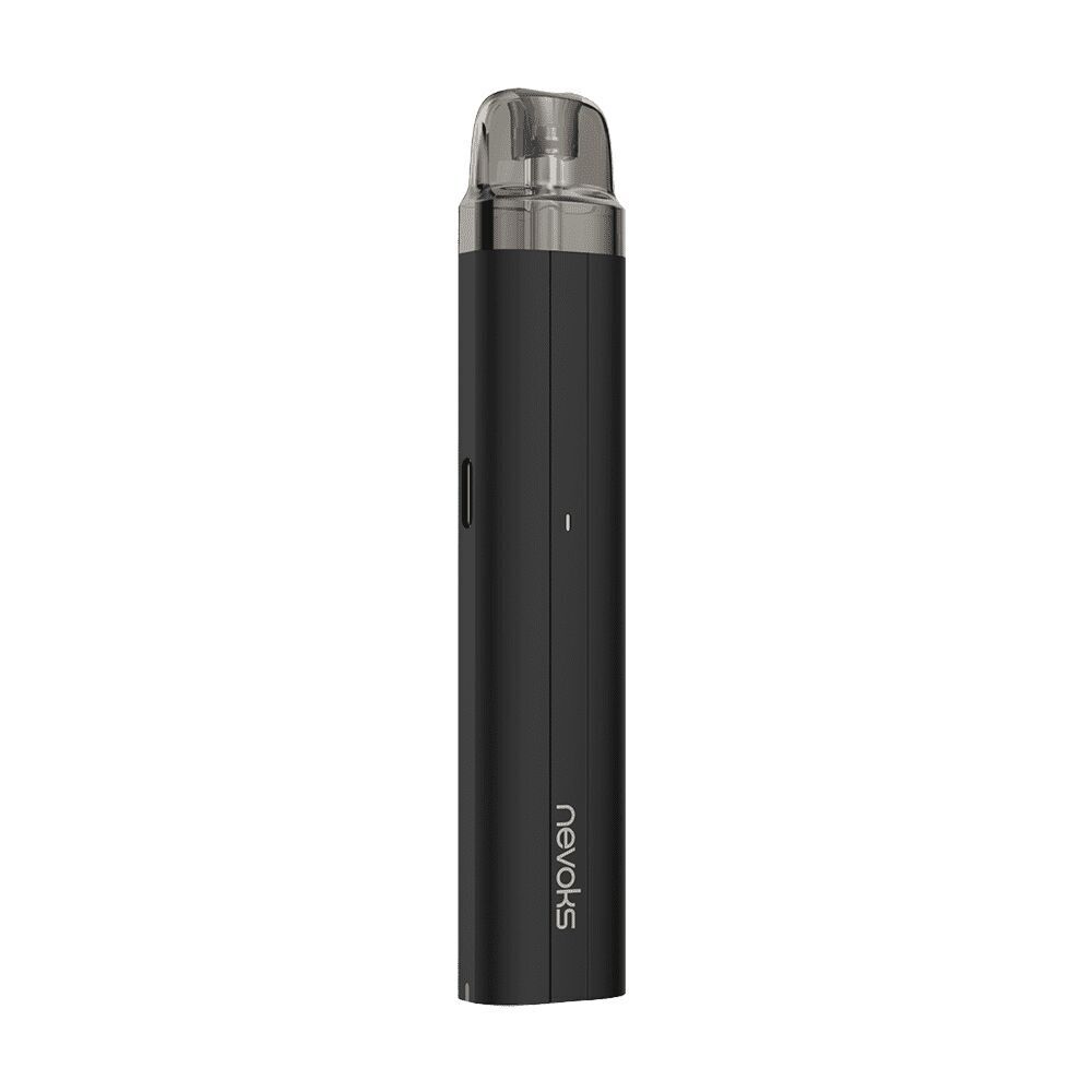 Nevoks Feelin AR Pod Kit in Charcoal Black, schlanker schwarzer Körper mit transparentem Mundstück und seitlichem Knopf, Logo "nevoks" sichtbar.