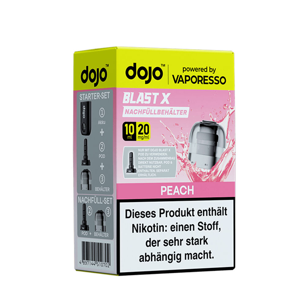 Vaporesso Dojo Blast X Pods - 20mg Nikotinsalz Vaporesso Dojo Blast X Peach 20mg Nachfüllbehälter im Starter-Set, gelbe Verpackung mit großem Warnhinweis zu Nikotinsucht auf der Vorderseite