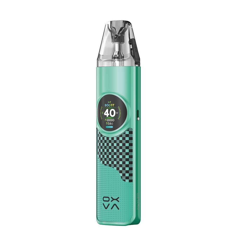 OXVA NeXLIM Pod Kit in grünem Schachbrettmuster mit Display, das 40 anzeigt, transparentem Mundstück und seitlichem Branding.