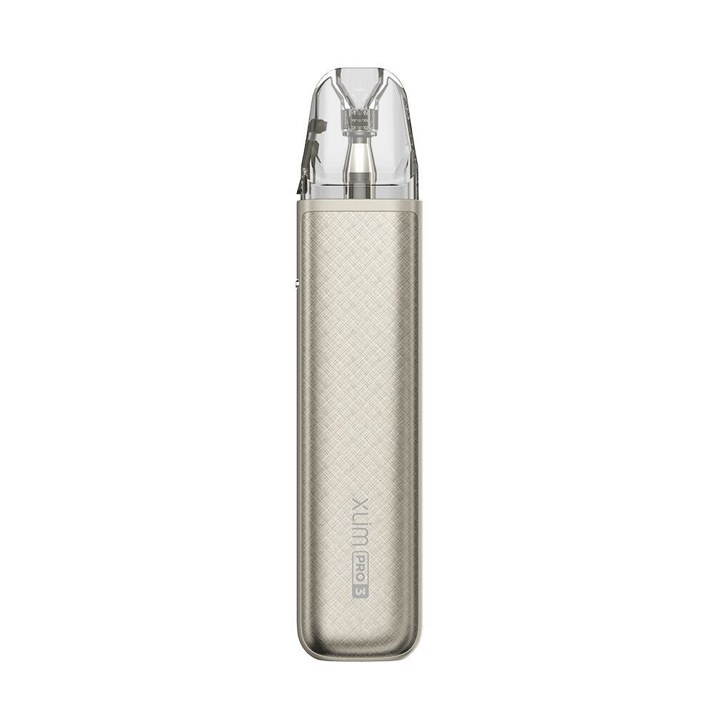 Oxva Xlim Pro 3 Pod Kit - Titanium Silk Oxva Xlim Pro 3 Pod Kit in Titanium Silk mit texturiertem Gehäuse und transparenter Kappe, zeigt den Pod und das Mundstück.