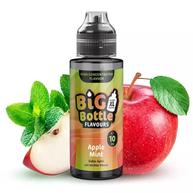 Aroma Apple Mint von Big Bottle Flavours Flasche Big Bottle Flavours Apple Mint Aroma mit Apfel- und Minzblättern im Hintergrund, 10 ml Größe, süßer Apfel mit leichter Minze.