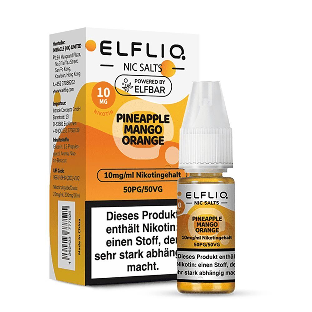 Elfliq Nikotinsalz - Pineapple Mango Orange 10mg Flasche und Verpackung von Elfliq Nikotinsalz Pineapple Mango Orange mit 10 mg/ml Nikotingehalt, 50PG/50VG, Warnhinweis auf Nikotinabhängigkeit