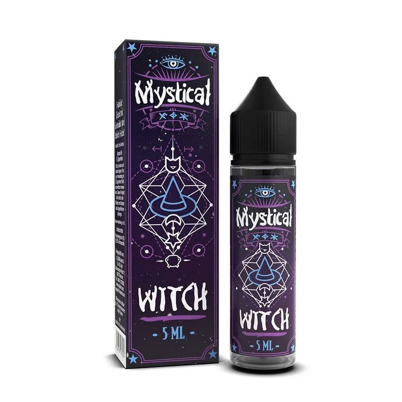 Aroma Witch von Mystical E-Liquid-Flasche und Verpackung mit Design aus mystischen Symbolen und Text "Mystical Witch", 5 ml.
