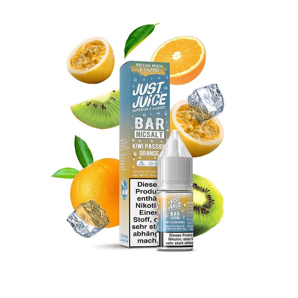 Liquid Kiwi Passion Orange 20mg - Just Juice Just Juice Nikotinsalz Kiwi Passion Orange 20mg-Packung mit Fruchtscheiben von Kiwi, Passionsfrucht und Orange sowie Eiswürfeln.