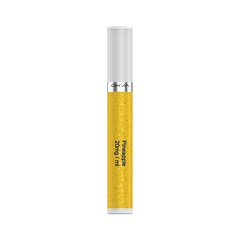 Oxva Slimstick Pods Pineapple - 20mg Nikotinsalz Oxva Slimstick Pod Pineapple 20mg, gelb mit kleinen Mustern, schwarzer Text, silberner Deckel und Branding-Logo auf Silberstreifen.