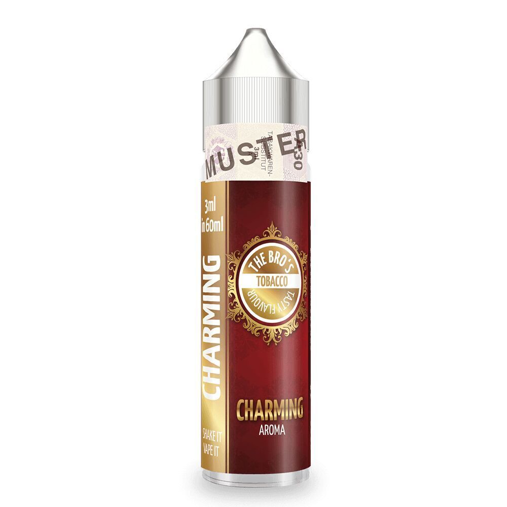Aroma Tobacco Charming von The Bros The Bros Aroma Tobacco Charming Flasche mit rotem Etikett, goldener Verzierung und Text „Charming Aroma“, 3 ml in 60 ml.