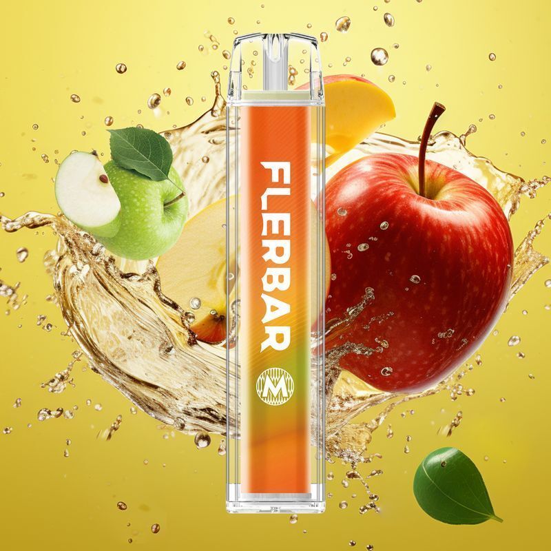 Double Apple mit 20mg Nikotin Flerbar E-Shisha Flerbar Double Apple 20mg Vape in durchsichtiger Hülle vor spritzenden roten und grünen Äpfeln mit gelbem Hintergrund.