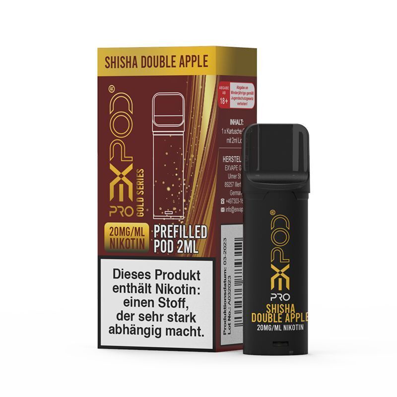 Shisha Double Apple 20mg - Expod Pro Pods Expod Pro Pods Shisha Double Apple 20mg Packung und vorgefüllter Pod, zeigt Warnung über das Vorhandensein von Nikotin.