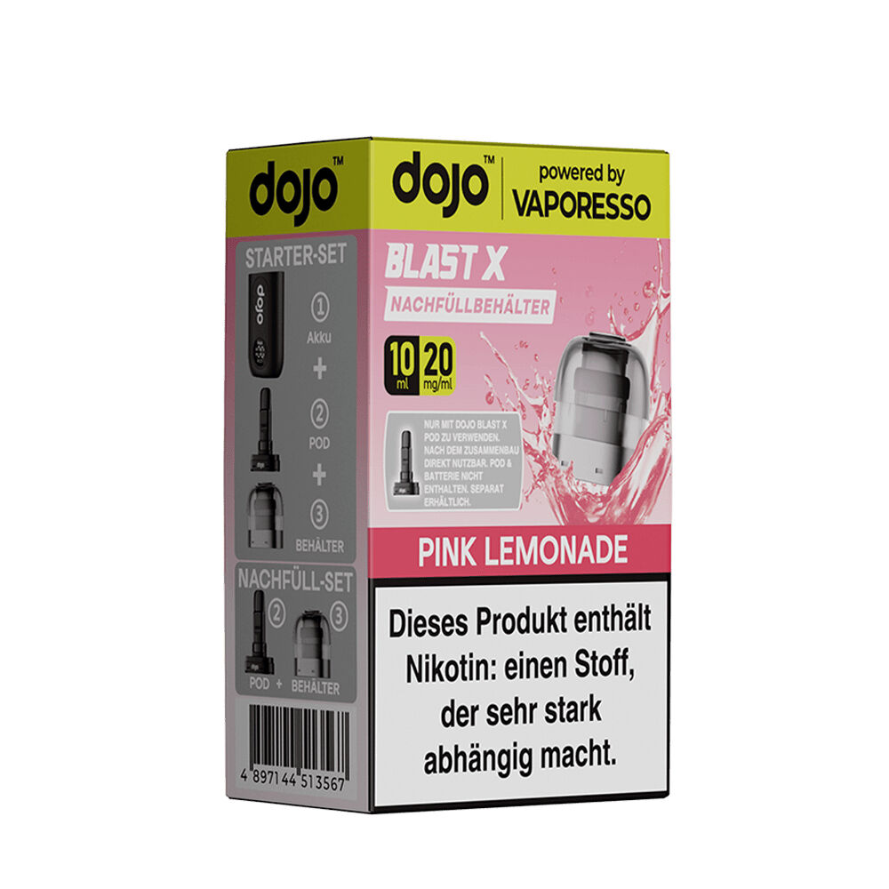 Vaporesso Dojo Blast X Pods - 20mg Nikotinsalz Vaporesso Dojo Blast X Pods in einer Verpackung für Pink Lemonade 20 mg mit sichtbarem Warnhinweis über Nikotinsuchtgefahr