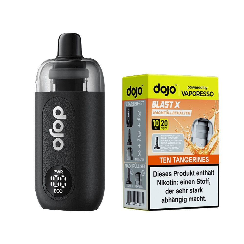 Vaporesso Dojo Blast X Set - Ten Tangerines 20mg Vaporesso Dojo Blast X Set mit einem schwarzen E-Zigaretten-Gerät und einer Verpackung mit der Aufschrift "Ten Tangerines 20mg"