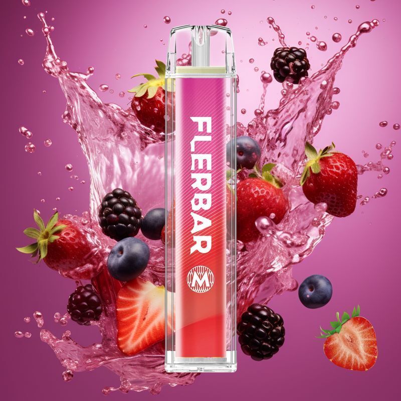 Alberry mit 20mg Nikotin Flerbar E-Shisha Flerbar Alberry 20mg Vape vor spritzigem Hintergrund aus Himbeeren, Brombeeren, Blaubeeren und Erdbeeren, groß "FLERBAR" Aufschrift