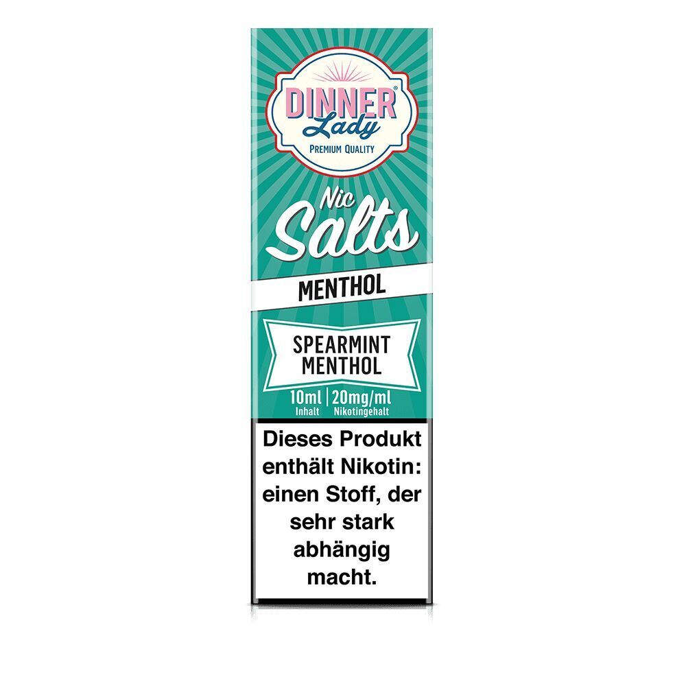 Dinner Lady Nikotinsalz Spearmint Menthol Verpackung mit 10 ml Inhalt und 20 mg/ml Nikotinstärke, Warnhinweis: enthält Nikotin, stark abhängig machend