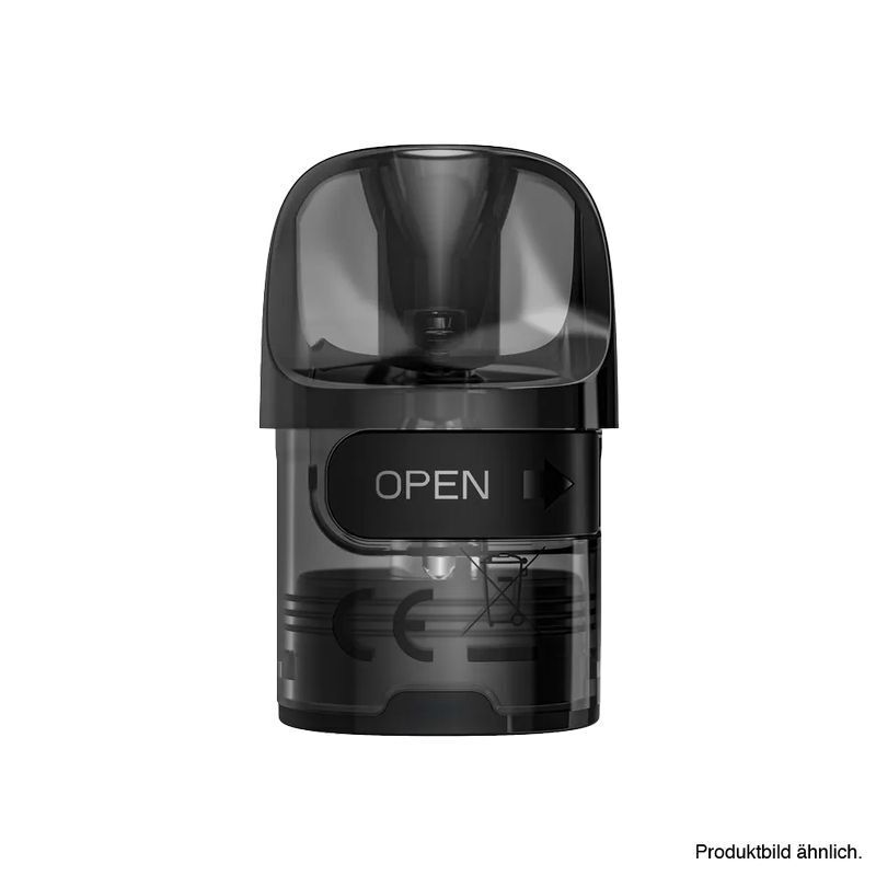 Lost Vape Thelema Nano E Plus Pods mit Coil Lost Vape Thelema Nano E Plus Pod mit schwarzem Gehäuse, transparentem oberen Teil und sichtbar eingeprägtem „OPEN“-Schriftzug.