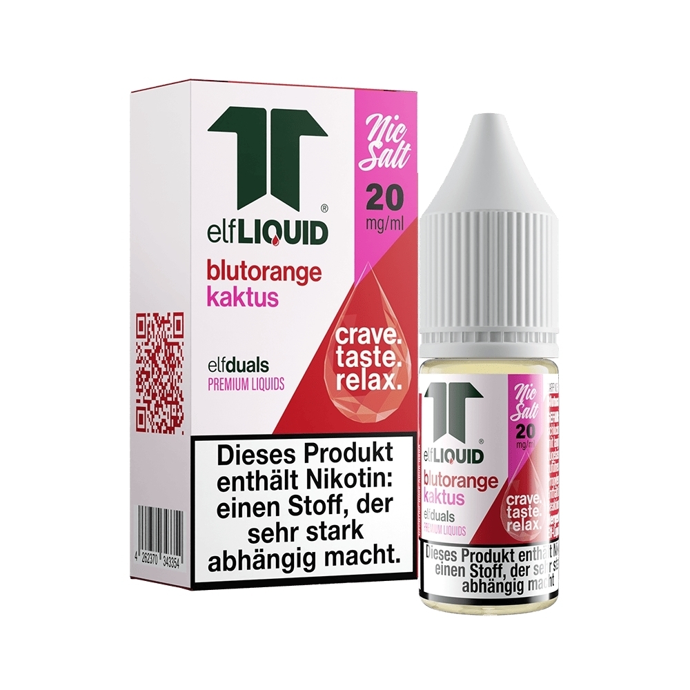 Elf Liquid Nikotinsalz Flasche und Box in Blutorange-Kaktus-Geschmack, 20 mg/ml, Hinweistext auf Nikotinabhängigkeit sicht- und lesbar.