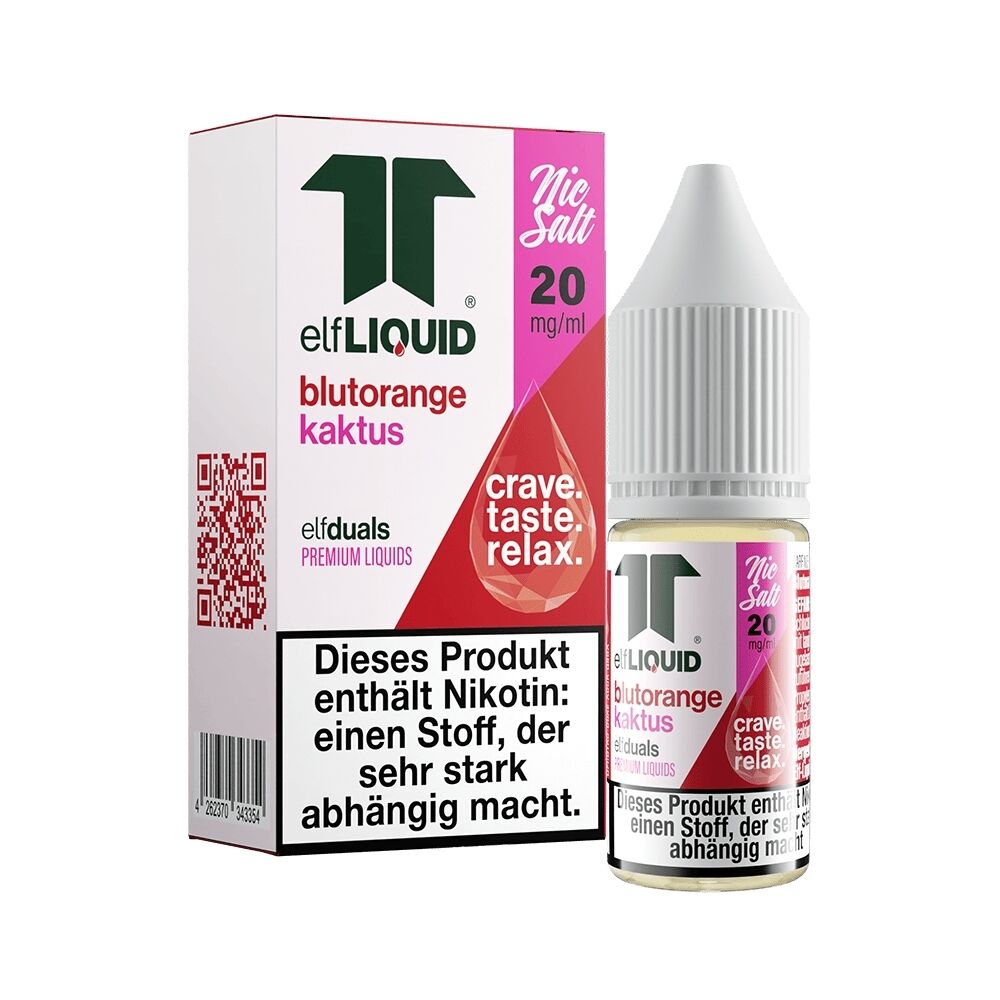 Elf Liquid Nikotinsalz - Blutorange Kaktus Elf Liquid Nikotinsalz Flasche und Box in Blutorange-Kaktus-Geschmack, 20 mg/ml, Hinweistext auf Nikotinabhängigkeit sicht- und lesbar.