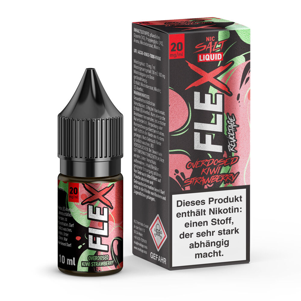 Revoltage Flex Nikotinsalz-Fläschchen und Verpackung Kiwi Strawberry 20mg, Warnhinweis auf starker Nikotinabhängigkeit sichtbar