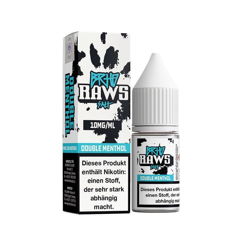 BRHD Nikotinsalz - Double Menthol BRHD Raws Nikotinsalz Double Menthol 10mg/ml, Flasche und Verpackung mit Warnhinweis über Nikotinsuchtpotenzial.