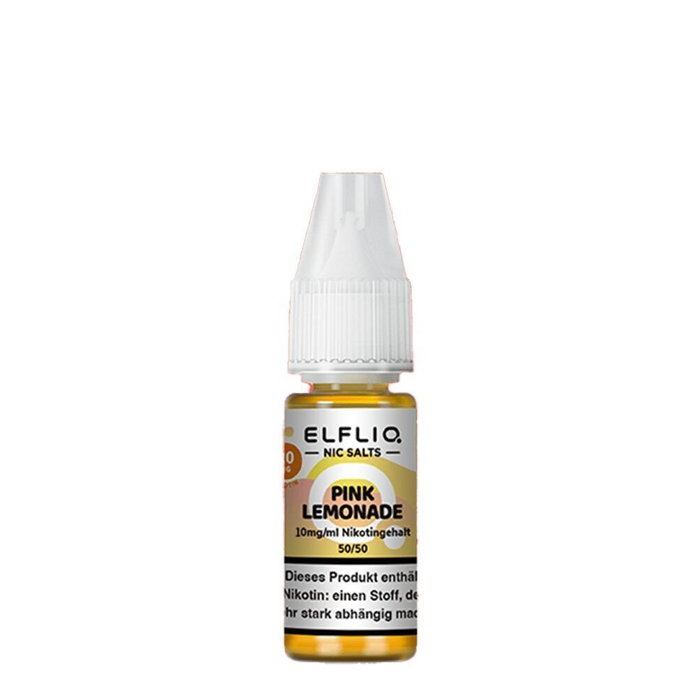 Elfliq Nikotinsalz - Pink Lemonade 10mg Elfliq Nikotinsalz Pink Lemonade Flasche mit 10mg/ml Nikotingehalt und weißem Deckel, Warnhinweise auf dem Etikett