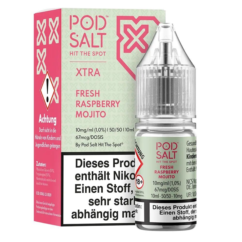 Liquid Fresh Raspberry Mojito von Pod Salt Xtra Pod Salt Xtra Nikotinsalz Flasche und Verpackung mit Aufschrift Fresh Raspberry Mojito und Warnhinweisen über Nikotingehalt.