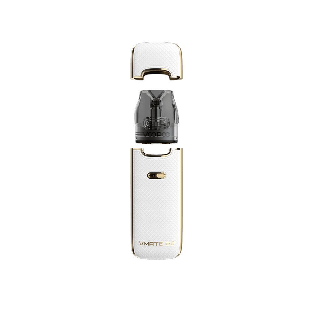 Voopoo Vmate E2 Pod Kit - Seashell White Voopoo Vmate E2 Pod Kit in Weiß mit strukturierter Oberfläche, abnehmbarer Kappe und durchsichtigem Tank sichtbar