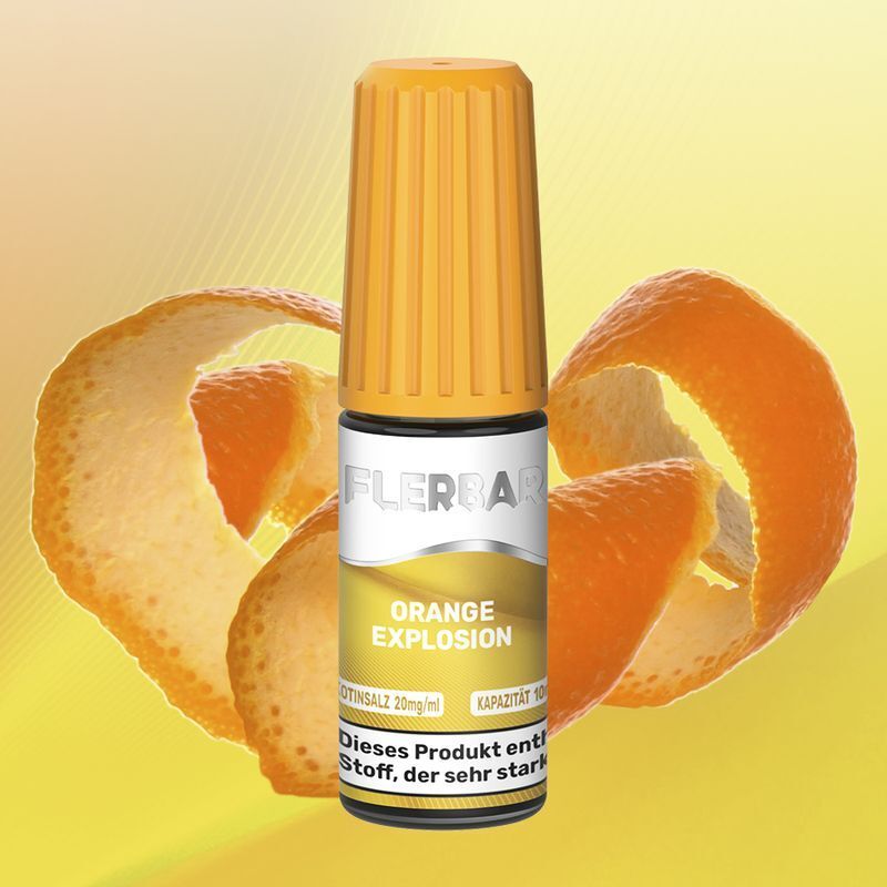 Liquid Orange Explosion von Flerbar Flerbar Nikotinsalz - Orange Explosion Flasche mit orangem Deckel vor einem Hintergrund mit Orangenschale, Text auf Flasche sichtbar.