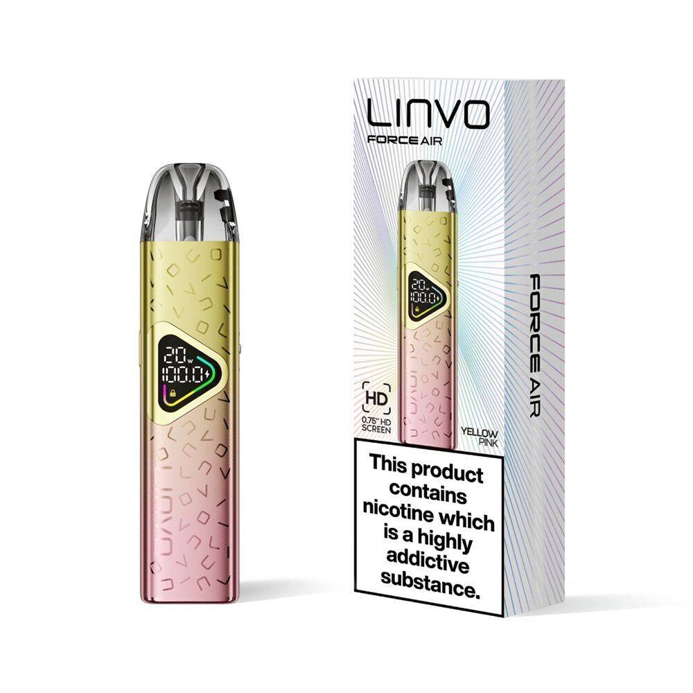 Linvo Force Air Pod Kit - Yellow Pink Linvo Force Air Pod Kit in Gelb und Pink mit digitalem Bildschirm und Verpackung mit Warnhinweis auf Nikotingehalt.