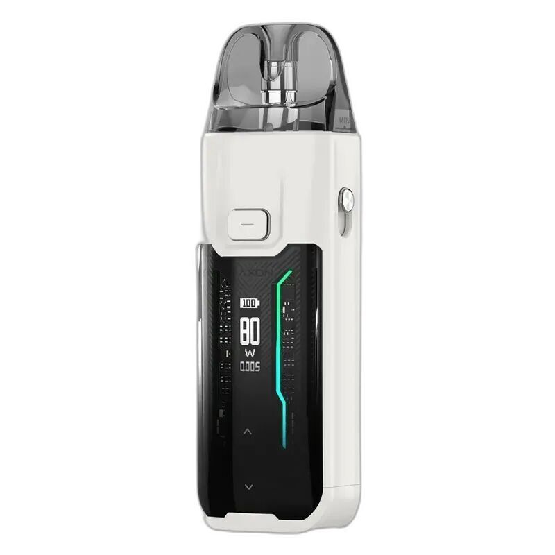 Vaporesso Luxe XR Max Pod Kit in Weiß mit transparentem Mundstück, rechteckigem Display und Druckknopf, zeigt 80W an.