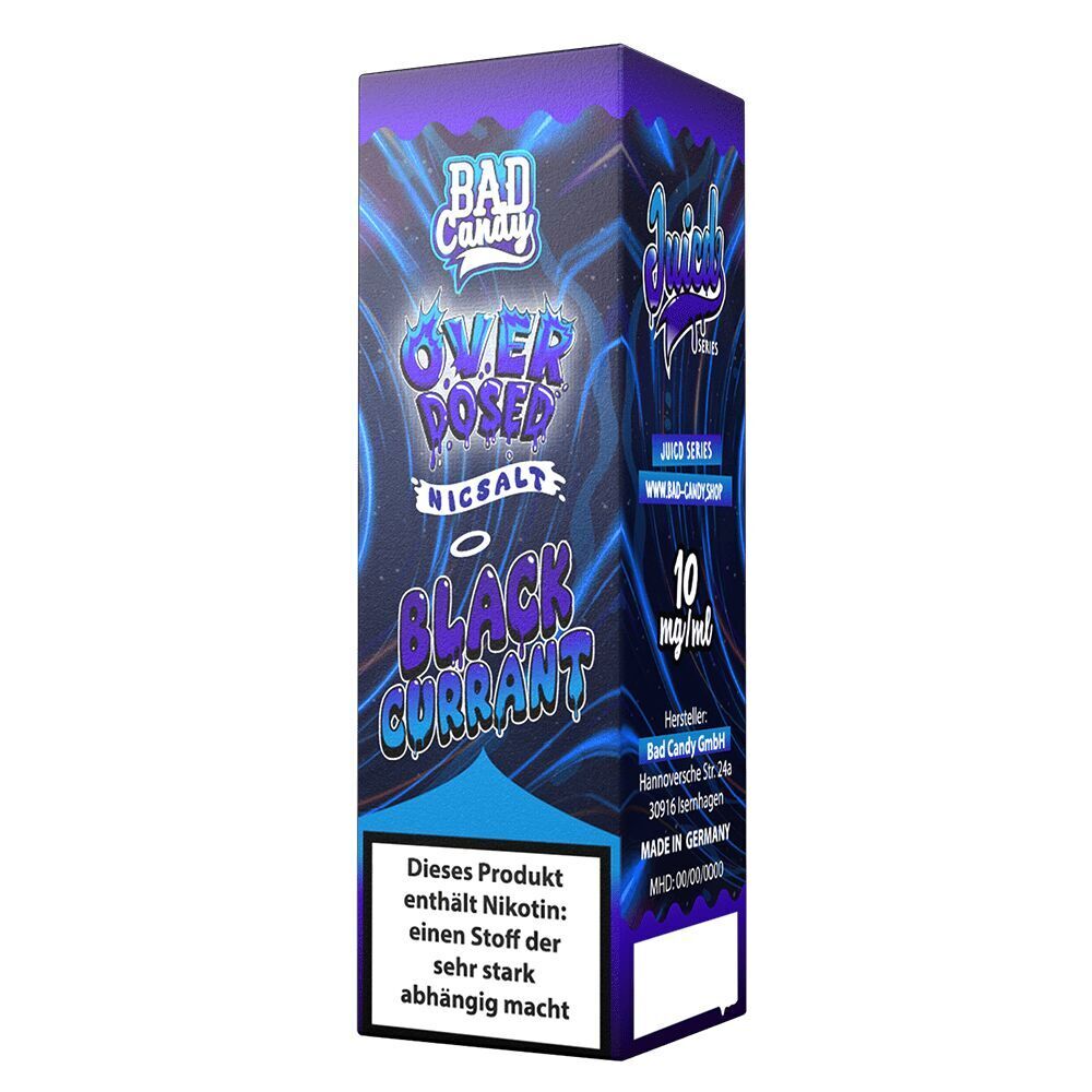 Liquid Blackcurrant Lemonade 20mg - Bad Candy Overdosed Verpackung des Bad Candy Overdosed Nikotinsalz Blackcurrant Lemonade 10mg mit auffälligem Design und Warnhinweis zu Nikotininhalt.